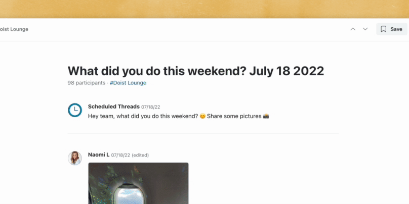Example of Doist 'What did you do this weekend' thread