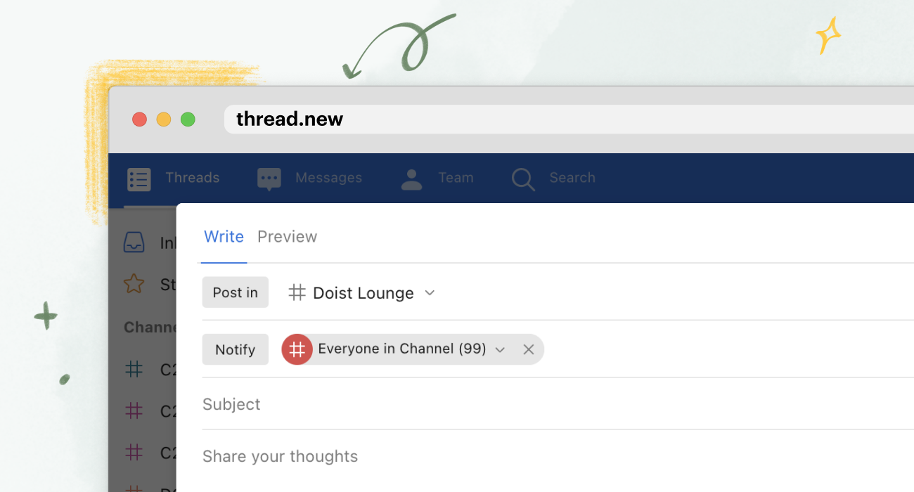 Browser with a thread.new in the address bar and a brand new Twist thread open!