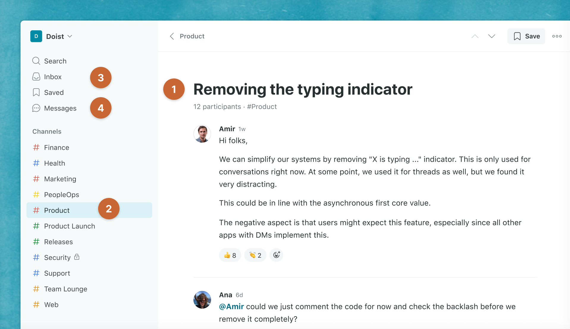Screenshot of Twist workspace focused on a thread with a number one near it. A number two is near the channels in the sidebar navigation. A three is next to the inbox in the sidebar. And a four is next to messages, beneath the inbox.