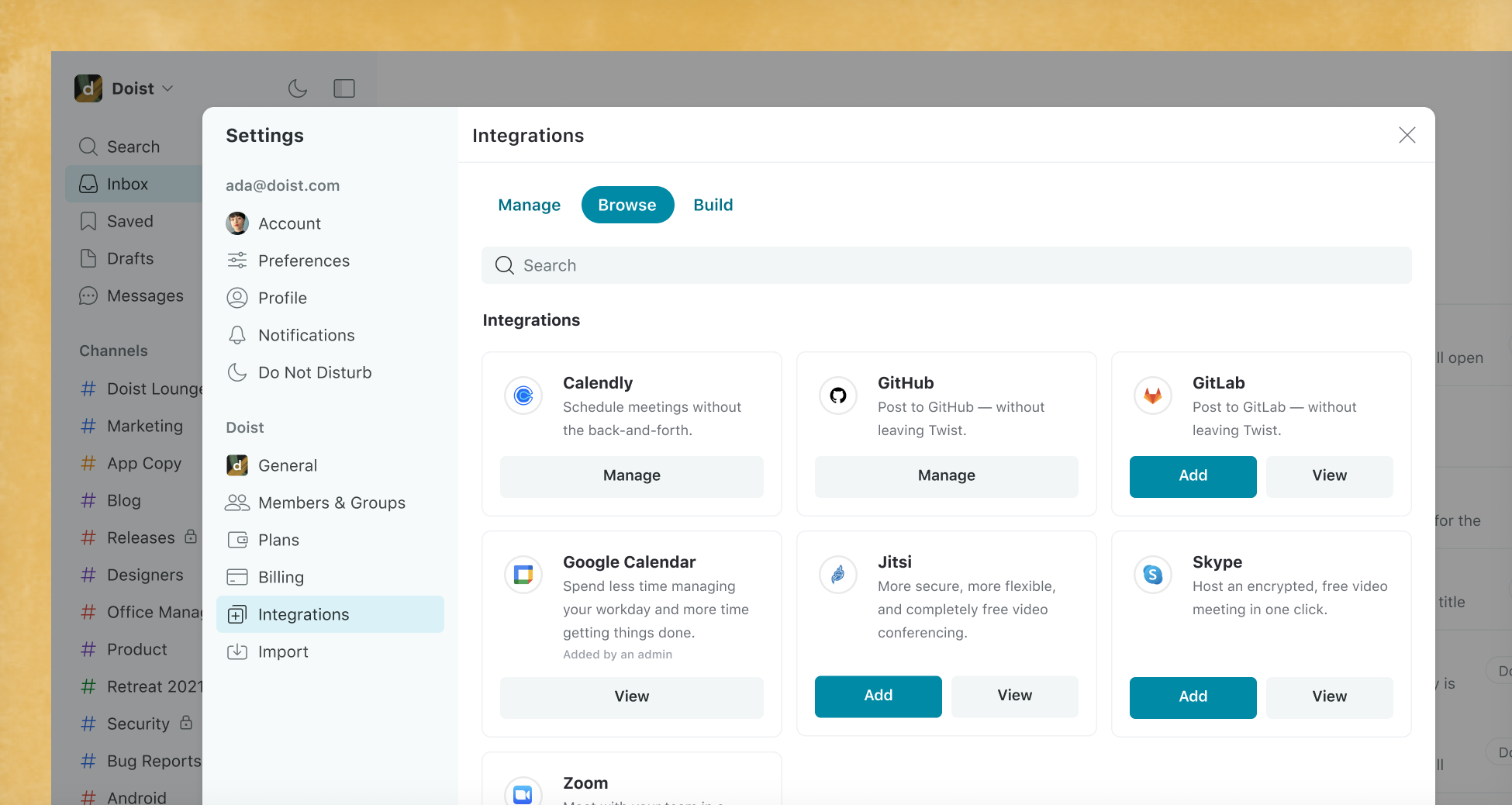 Screenshot of the browse integrations tab in Twist settings where you can connect Calendly, GitHub, GitLab, Google Calendar, Jitsi, Skype, and Zoom.