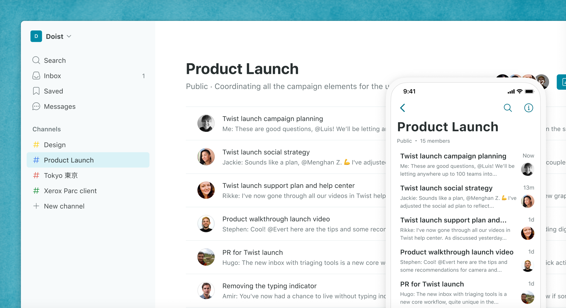 Screenshot of a Twist workspace with five channels, the product launch channel is on screen.